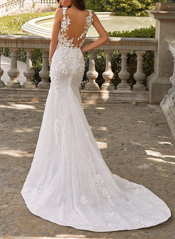Missacc Ivory Bride Mermaid Sleeveless Court Train Lace Wedding Dresses with Appliques Lace