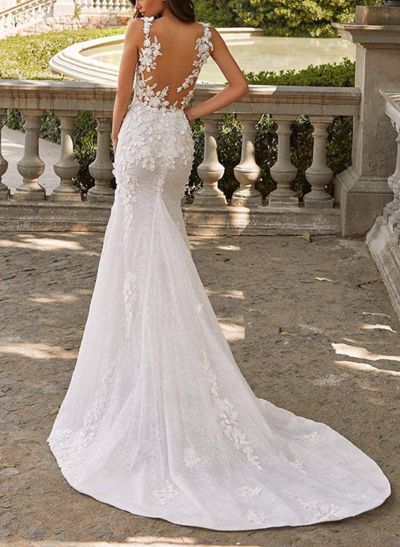 Mermaid Sleeveless Court Train Lace Wedding Dresses With Appliques Lace