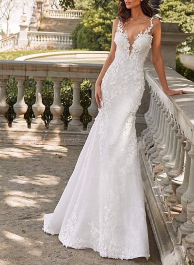 Mermaid Sleeveless Court Train Lace Wedding Dresses With Appliques Lace