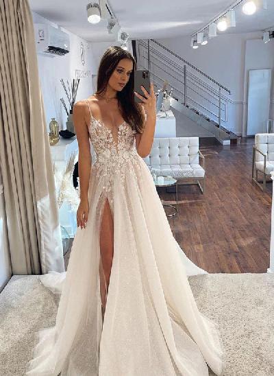 A-Line V-Neck Tulle Wedding Dresses With Split Front/Appliques Lace