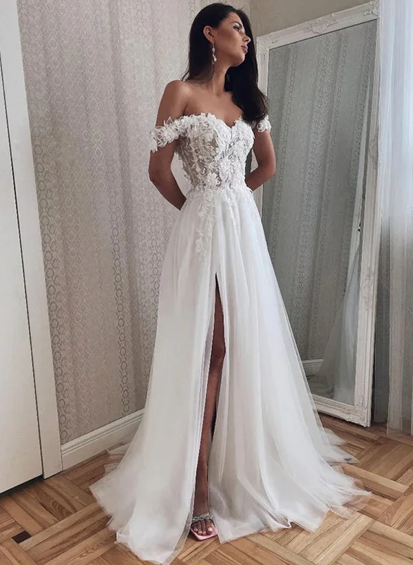 Missacc Ivory Bride A-Line Off-The-Shoulder Vintage Lace/Tulle Wedding Dresses with Split Front
