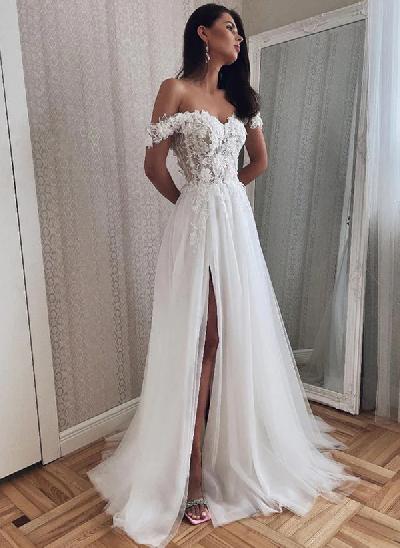 A-Line Off-The-Shoulder Vintage Lace/Tulle Wedding Dresses With Split Front