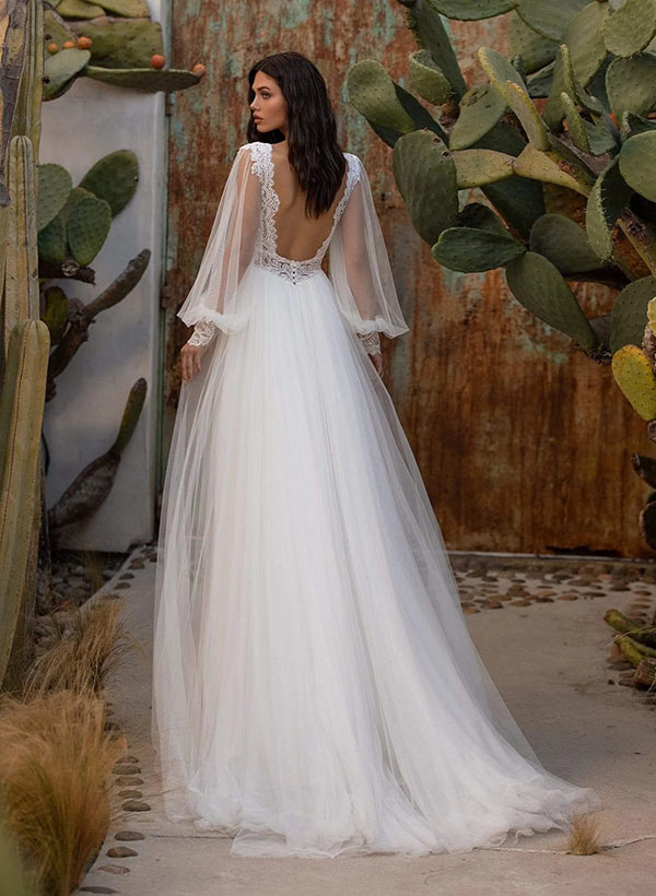 A-Line V-neck Long Sleeves Sweep Train Tulle Wedding Dresses With Lace