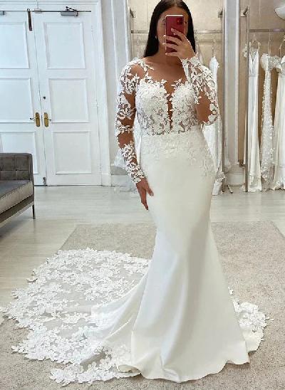 Trumpet/Mermaid Illusion Neck Long Sleeves Luxury Lace/Satin Wedding Dresses