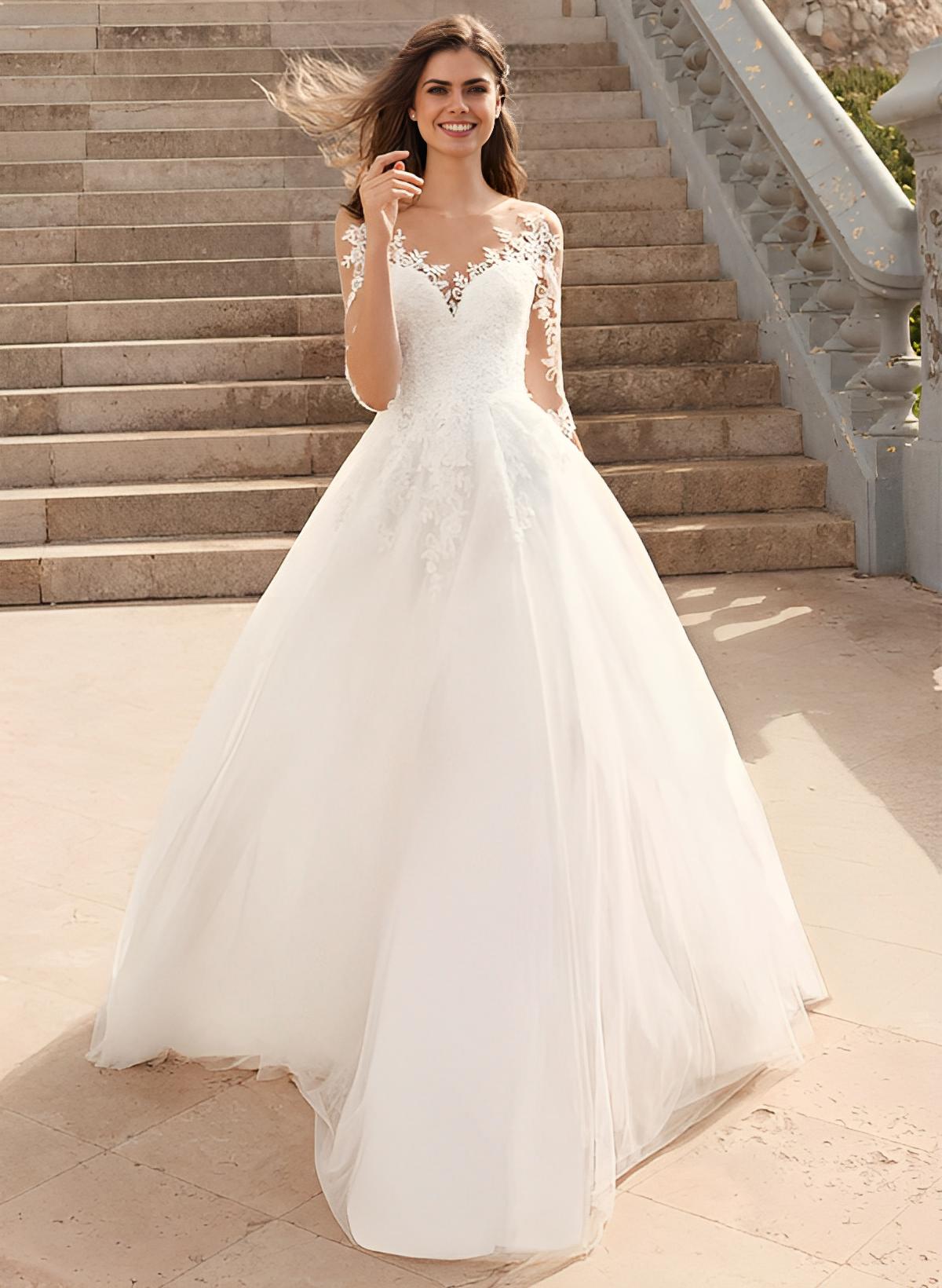 Ball-Gown Illusion Neck 3/4 Sleeves Sweep Train Tulle Wedding Dresses With Appliques Lace