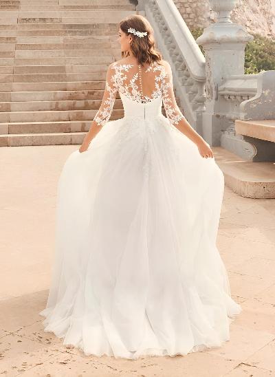 Ball-Gown Illusion Neck 3/4 Sleeves Sweep Train Tulle Wedding Dresses With Appliques Lace