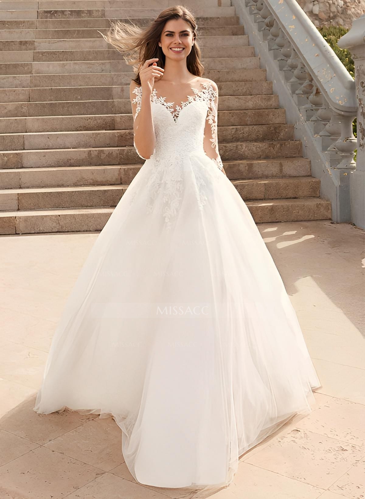 Ball-Gown Illusion Neck 3/4 Sleeves Sweep Train Tulle Wedding Dresses With Appliques Lace