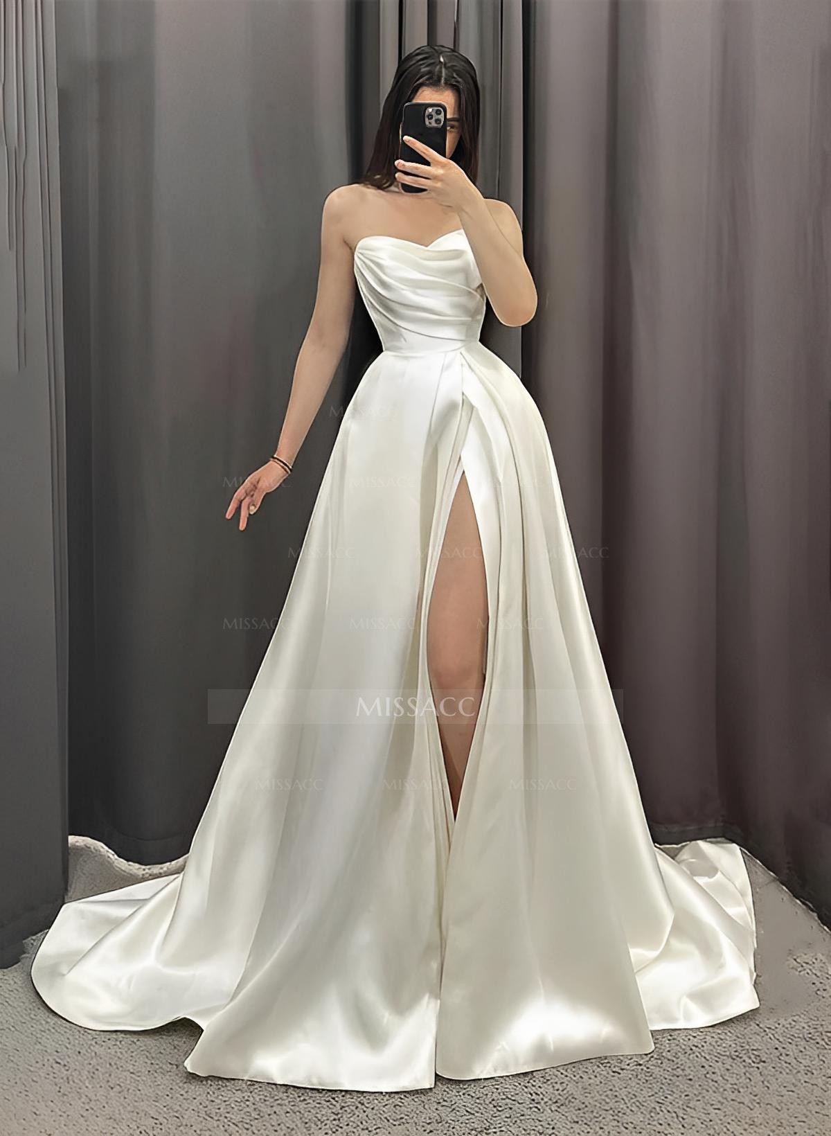 A-Line Strapless Sleeveless Sweep Train Satin Wedding Dresses With Split Front
