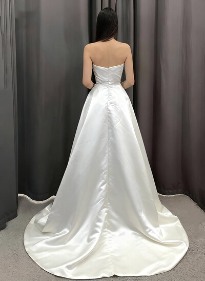 A-Line Strapless Sleeveless Sweep Train Satin Wedding Dresses With Split Front