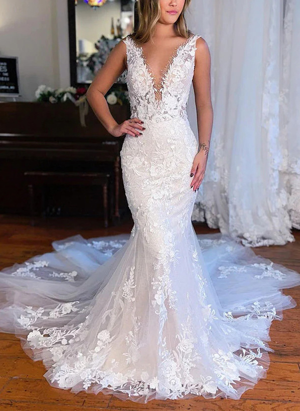 Trumpet/Mermaid V-neck Vintage Tulle Wedding Dresses With Appliques Lace