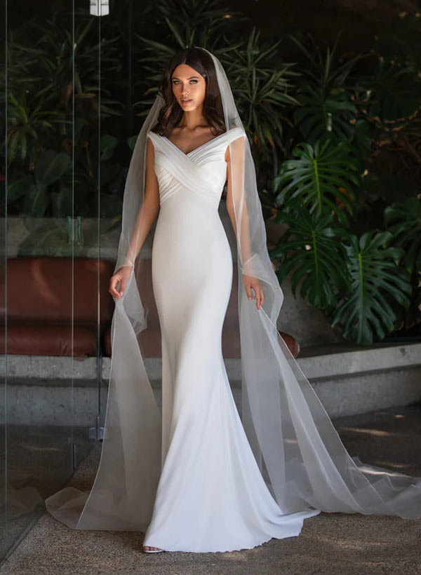 Mermaid V-neck Sleeveless Sweep Train Elastic Satin Wedding Dresses