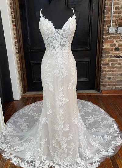 Sheath/Column V-Neck Vintage Tulle Wedding Dresses With Appliques Lace