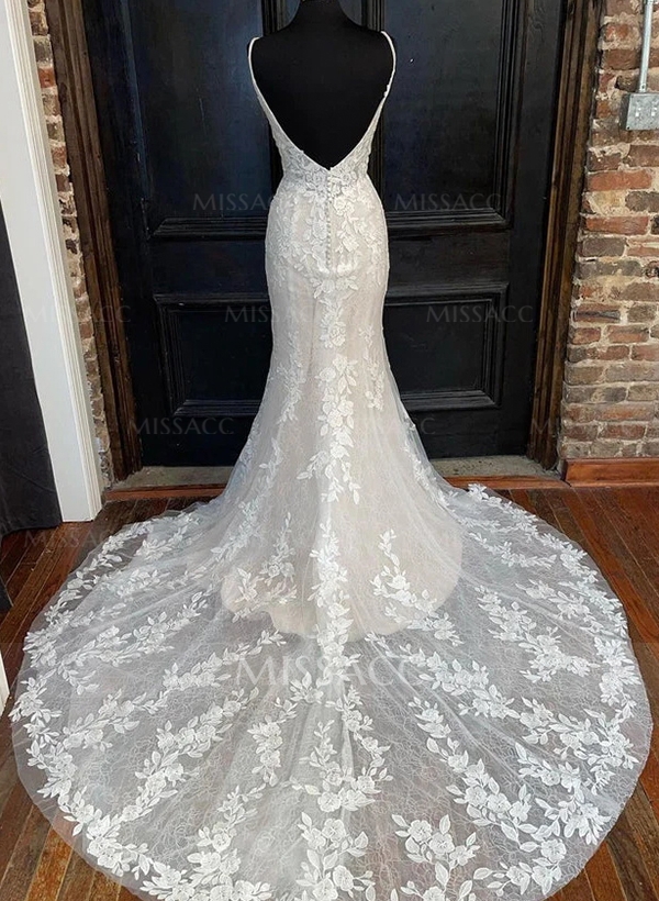 Sheath/Column V-Neck Vintage Tulle Wedding Dresses With Appliques Lace