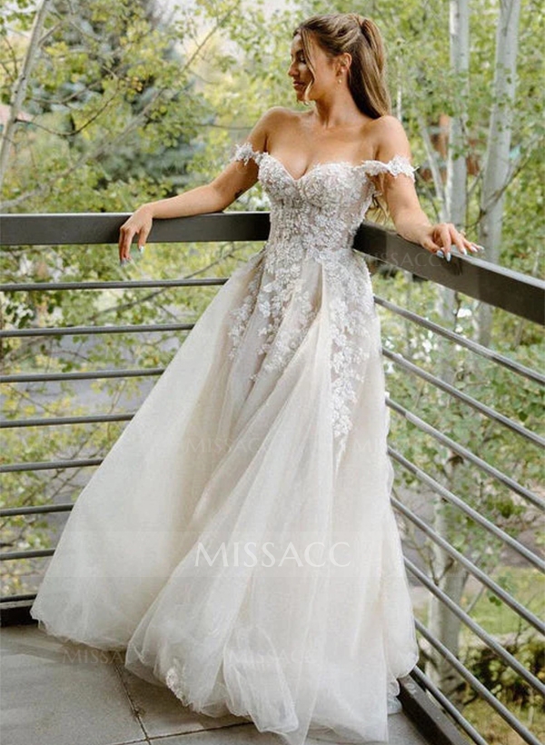 A-Line Off-the-Shoulder Vintage Tulle Wedding Dresses With Appliques Lace