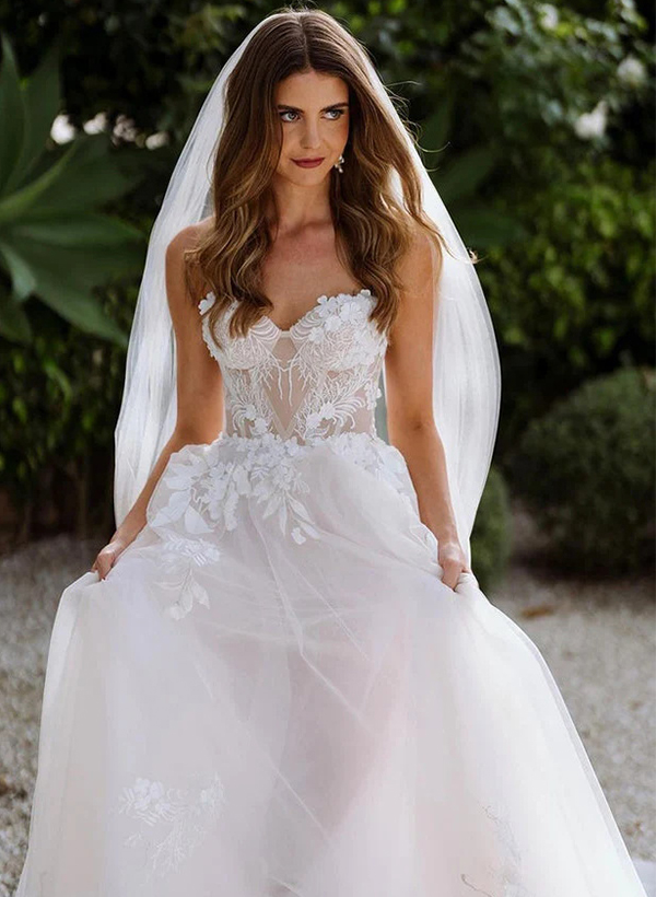 A-Line Sweetheart Vintage Tulle Wedding Dresses With Appliques Lace