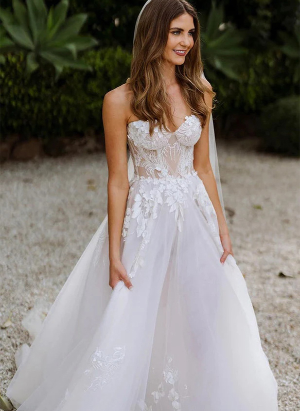 A-Line Sweetheart Vintage Tulle Wedding Dresses With Appliques Lace