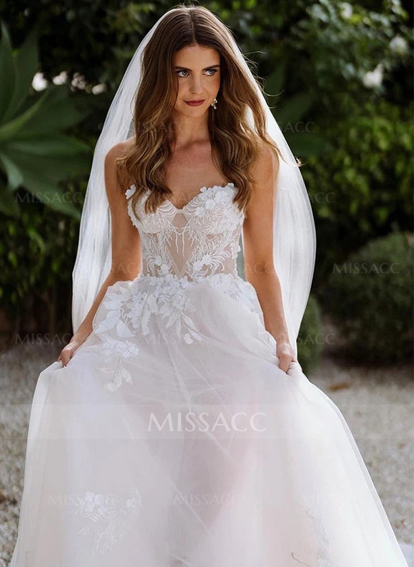 A-Line Sweetheart Vintage Tulle Wedding Dresses With Appliques Lace