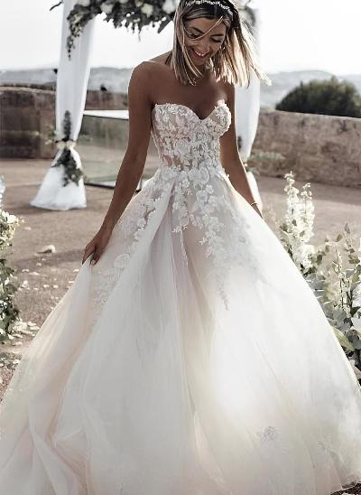 A-Line Boho Sweetheart Vintage Tulle Wedding Dresses With Appliques Lace