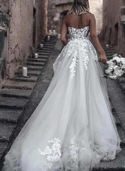 A-Line Boho Sweetheart Vintage Tulle Wedding Dresses With Appliques Lace