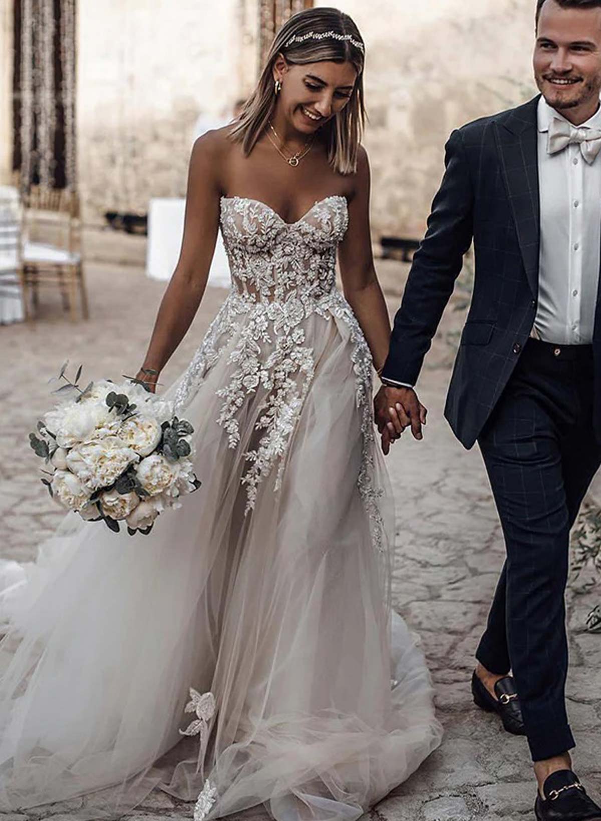 A-Line Boho Sweetheart Vintage Tulle Wedding Dresses With Appliques Lace