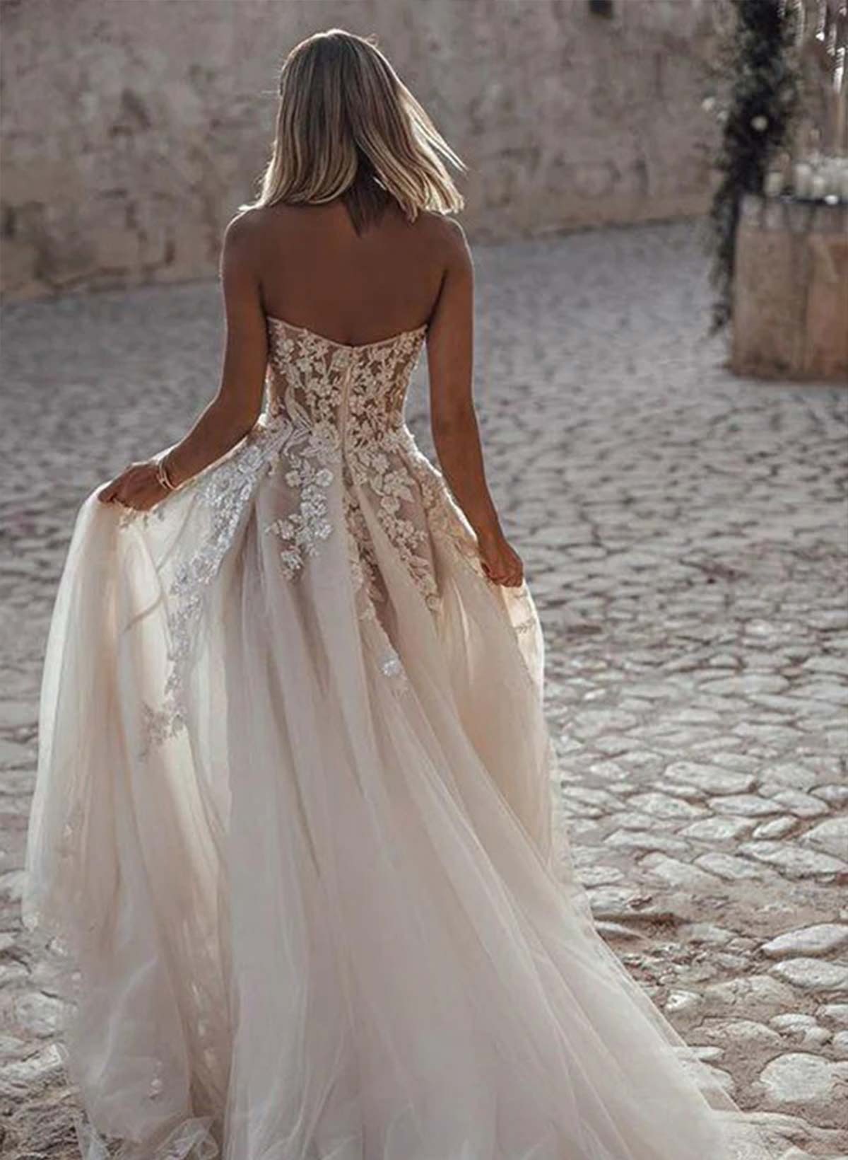 A-Line Boho Sweetheart Vintage Tulle Wedding Dresses With Appliques Lace