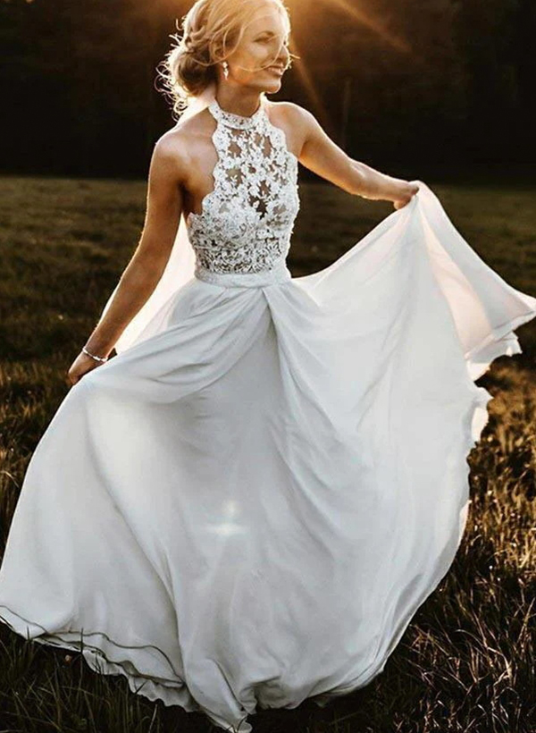 Boho A-Line High Neck Floor-Length Chiffon Wedding Dresses With Appliques Lace