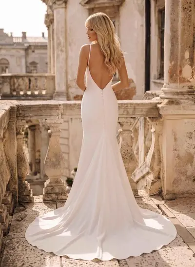Trumpet/Mermaid Backless Scoop Neck Elegant Elastic Satin Wedding Dresses