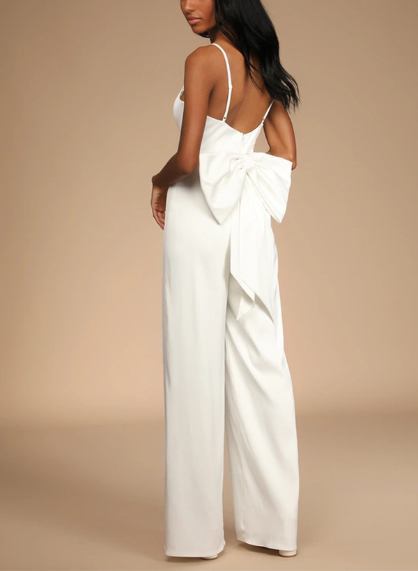 Jumpsuit/Pantsuit V-neck Floor-Length Satin Wedding Dresses With Bow(s)