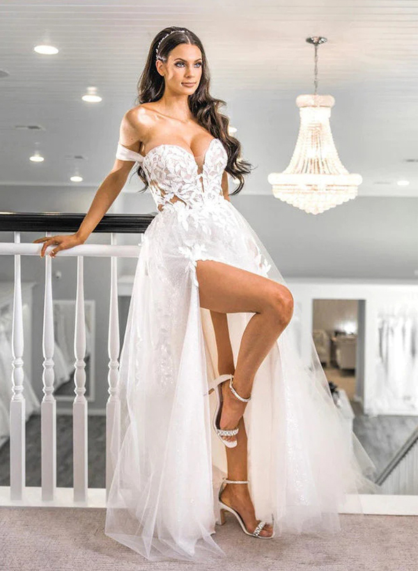 A-Line Off-the-Shoulder Sexy Tulle Wedding Dresses With Appliques Lace