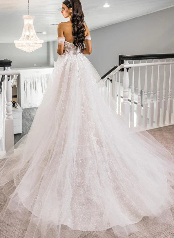 A-Line Off-the-Shoulder Sexy Tulle Wedding Dresses With Appliques Lace