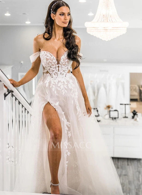 A-Line Off-the-Shoulder Sexy Tulle Wedding Dresses With Appliques Lace