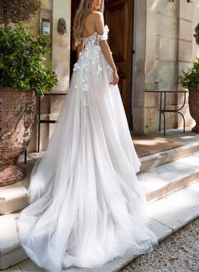 A-Line Off-The-Shoulder Vintage Lace/Tulle Wedding Dresses With Split Front