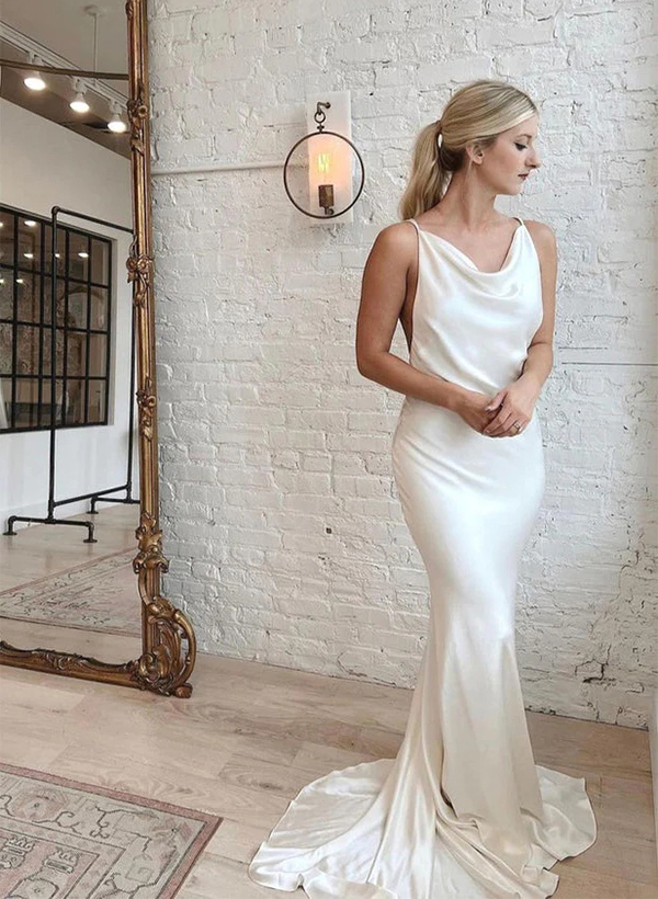 Open Back Trumpet/Mermaid Cowl Neck Wedding Dresses With Satin