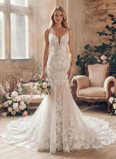 Trumpet/Mermaid V-Neck Backless Vintage Cathedral Train Lace/Tulle Wedding Dresse
