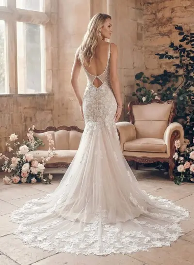Trumpet/Mermaid V-Neck Backless Vintage Cathedral Train Lace/Tulle Wedding Dresse