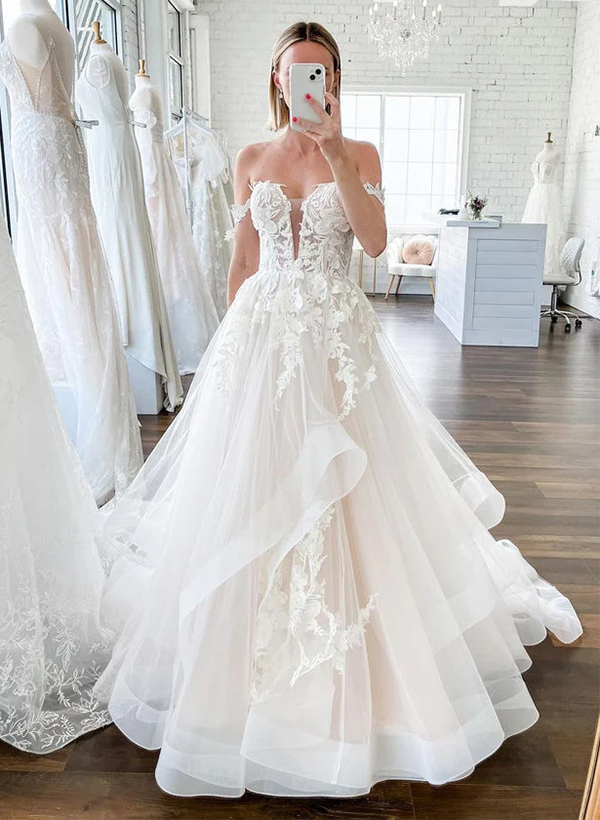 Ball-Gown Off-the-Shoulder Elegant Lace/Tulle Wedding Dresses With Cascading Ruffles/Appliques Lace