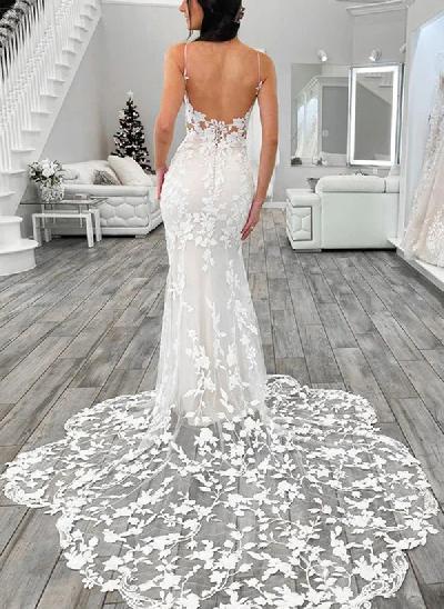 Trumpet/Mermaid V-Neck Sleeveless Backless Sexy Tulle Wedding Dresses With Appliques Lace