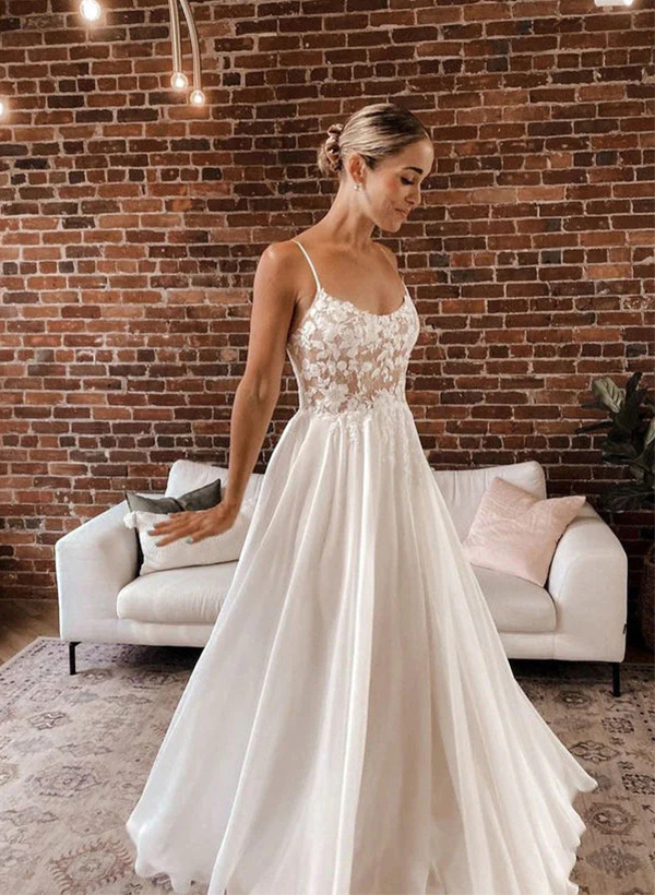 A-Line Scoop Neck Little White Chiffon Wedding Dresses With Appliques Lace