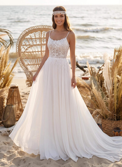 A-Line Scoop Neck Little White Chiffon Wedding Dresses With Appliques Lace