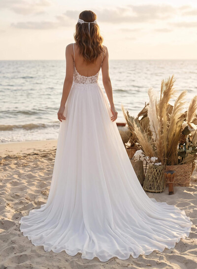 A-Line Scoop Neck Little White Chiffon Wedding Dresses With Appliques Lace