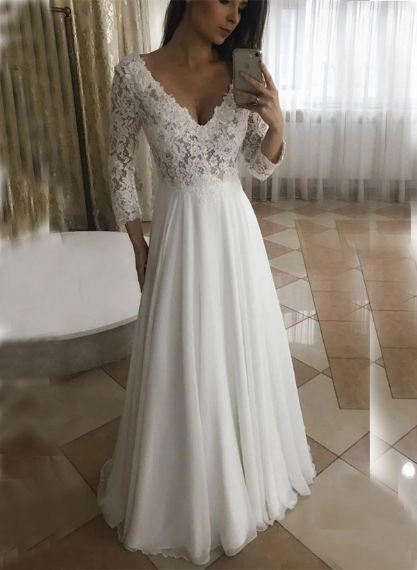 A-Line V-neck 3/4 Sleeves Elegant Chiffon Wedding Dresses With Appliques Lace