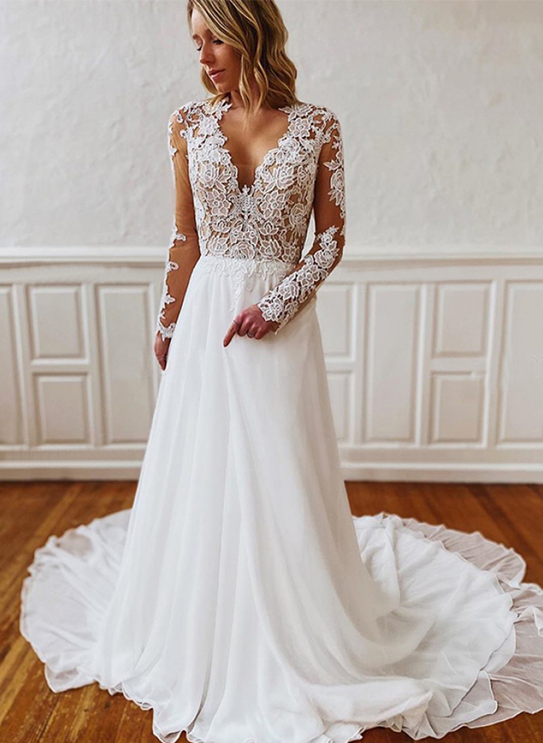 A-Line V-neck Long Sleeves Vintage Chiffon/Lace Wedding Dresses