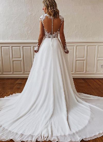 A-Line V-neck Long Sleeves Vintage Chiffon/Lace Wedding Dresses