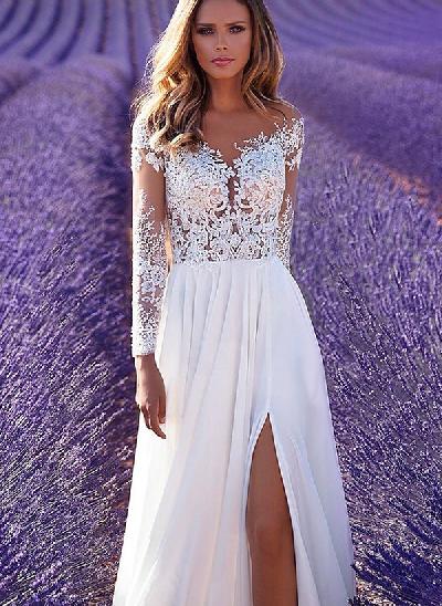 A-Line V-Neck Long Sleeves Elegant Chiffon/Lace Wedding Dresses With Split Front