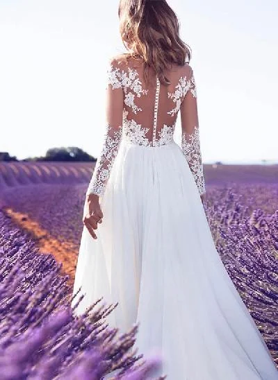 A-Line V-Neck Long Sleeves Elegant Chiffon/Lace Wedding Dresses With Split Front