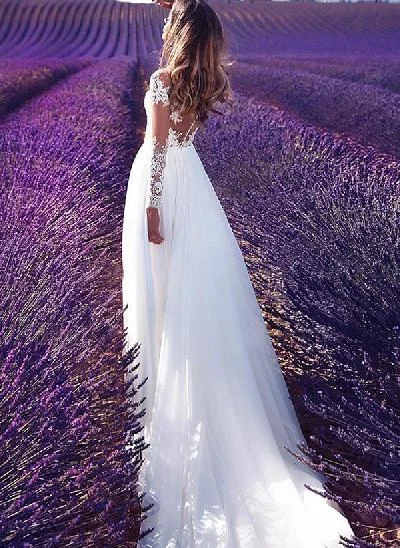 A-Line V-Neck Long Sleeves Elegant Chiffon/Lace Wedding Dresses With Split Front