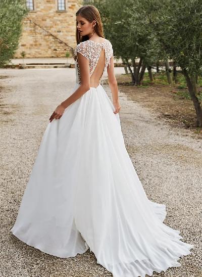 A-Line V-neck Sleeveless Elegant Chiffon Wedding Dresses With Appliques Lace