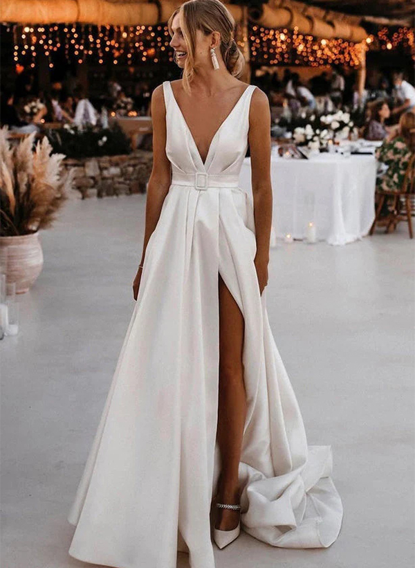 A-Line V-neck Backless Elegant Satin Wedding Dresses With Split Front