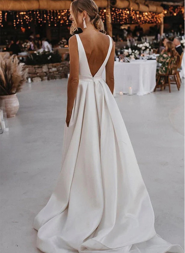 A-Line V-neck Backless Elegant Satin Wedding Dresses With Split Front