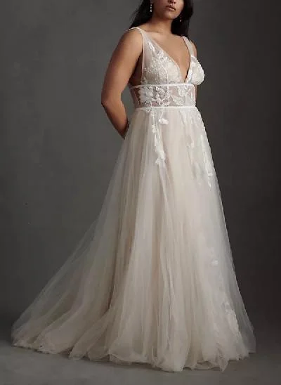 A-Line V-Neck Vintage Backless Tulle Wedding Dresses With Appliques Lace